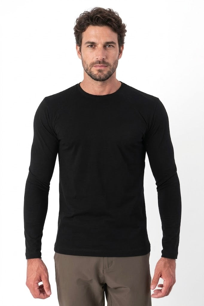 Camiseta lisa manga longa preta em algodão egípcio - Origgo
